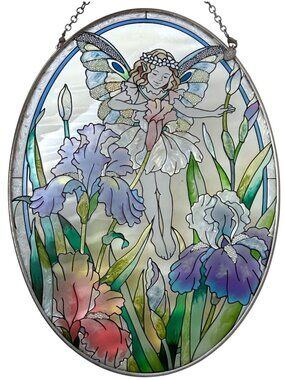 Amia Fairy Suncatcher Oval Stained Glass Style Iris Garden Window Hanging 8.5"